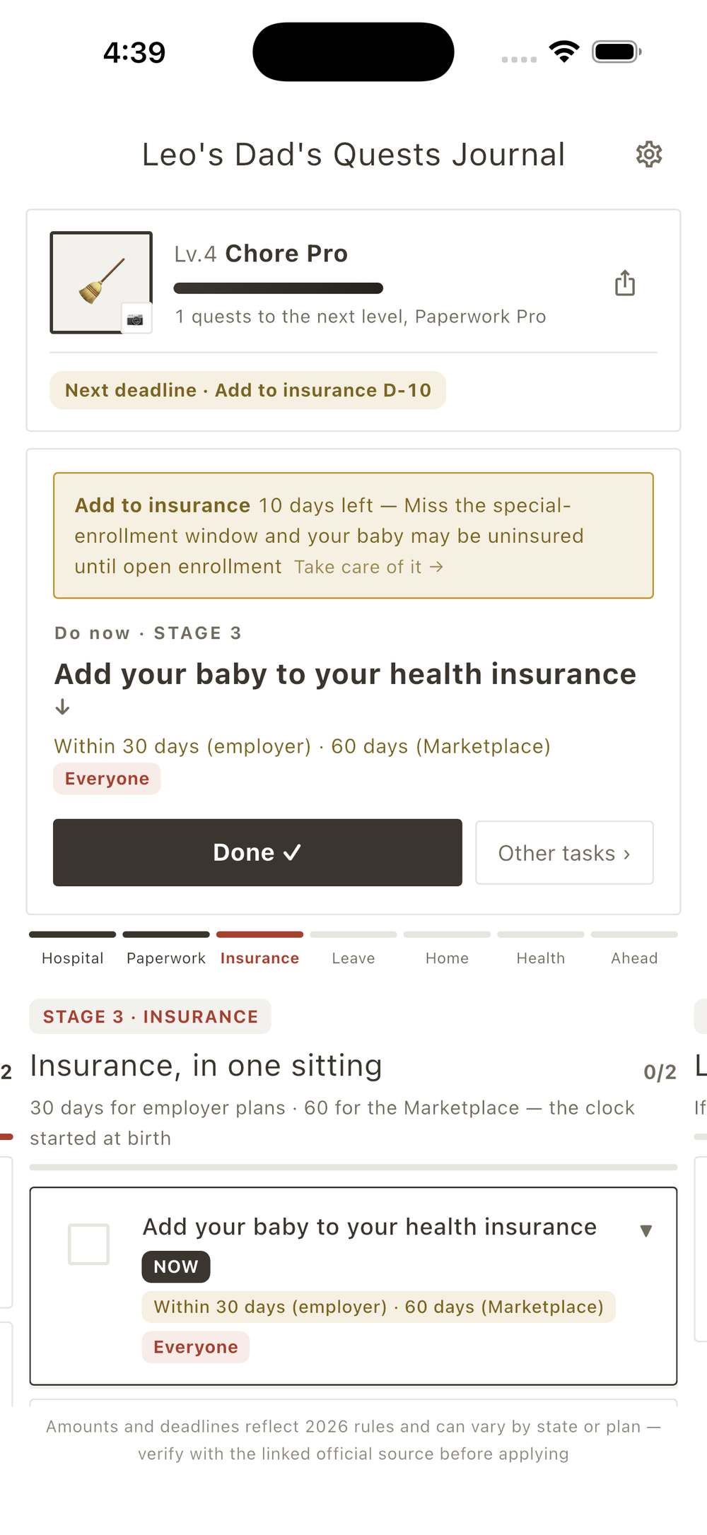 App home — one task and the insurance deadline banner