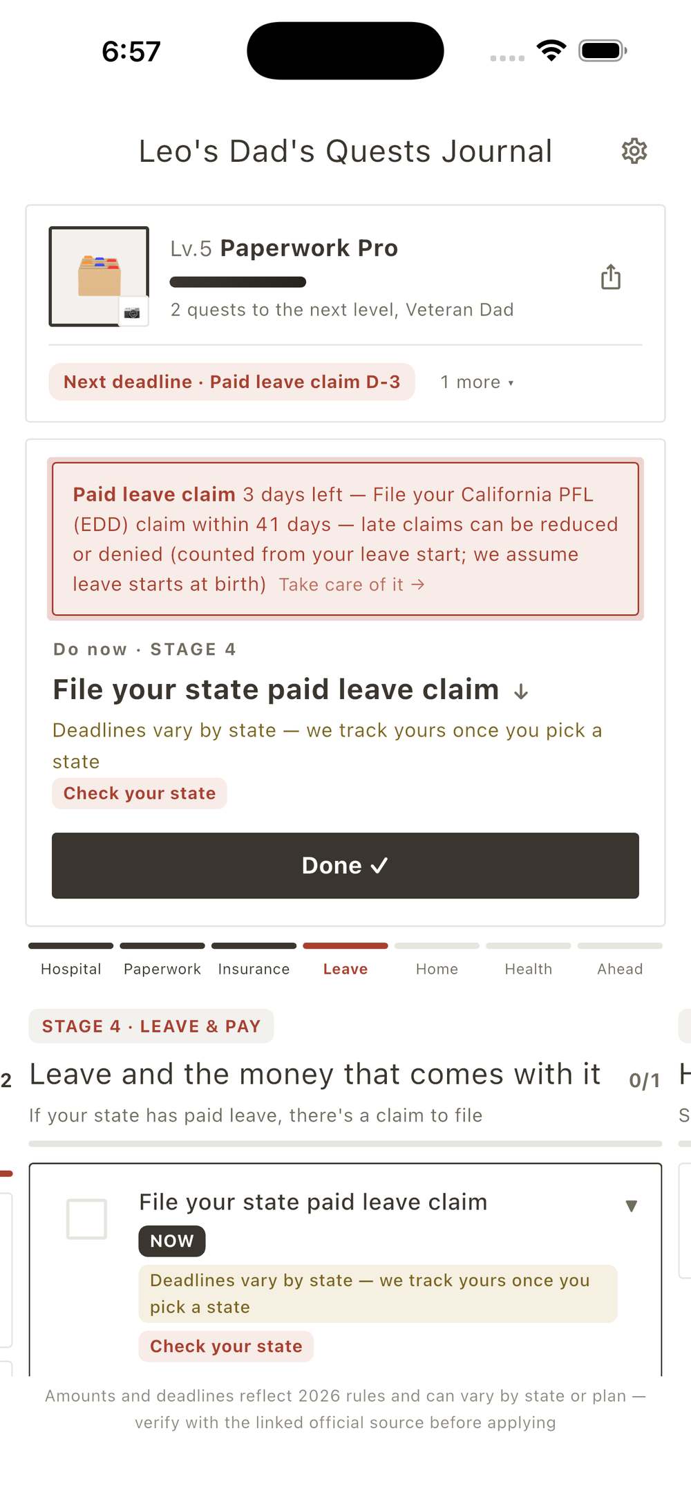 App home — the California paid leave claim deadline banner